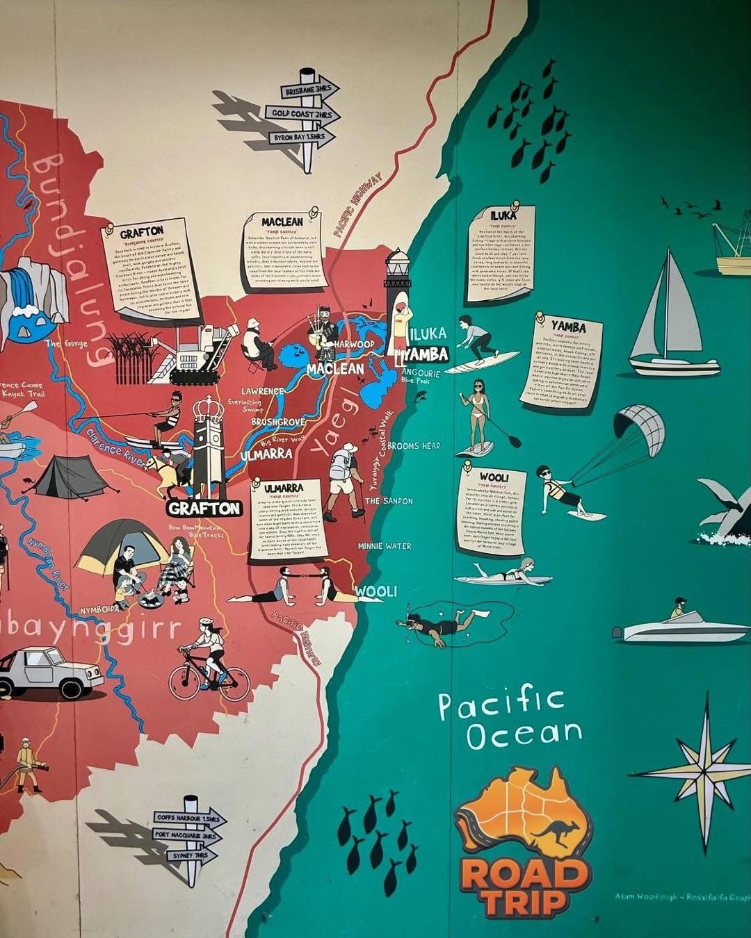 Clarence Valley illustrated map showing Yamba, Iluka, Maclean and surrounds