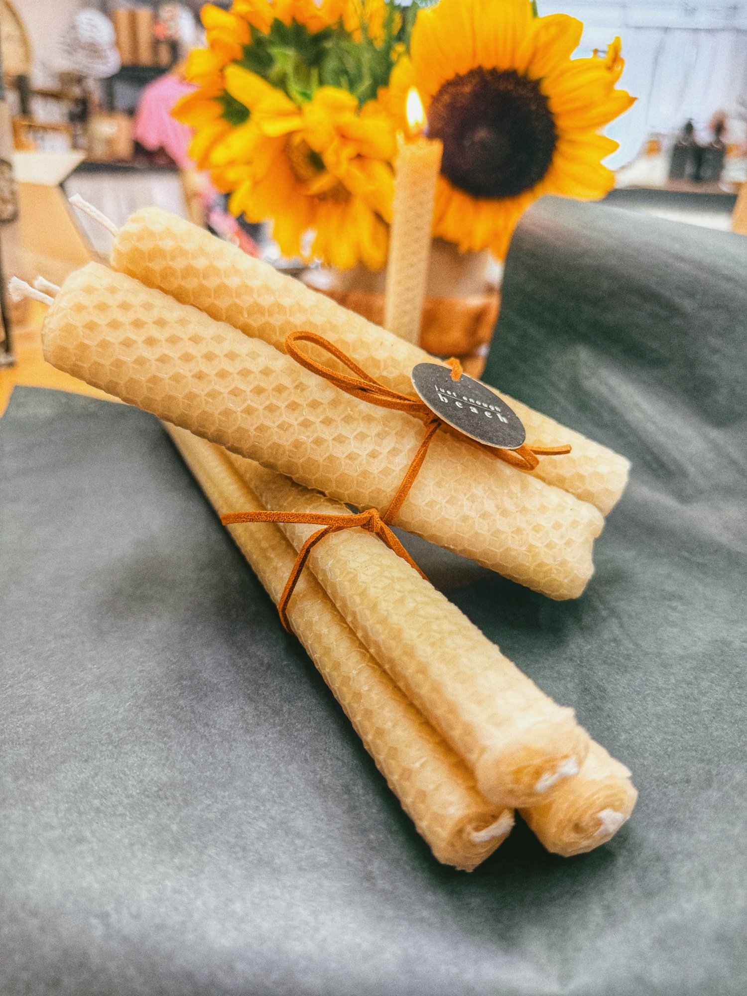 Handmade beeswax candles at Just Enough Beach, Yamba